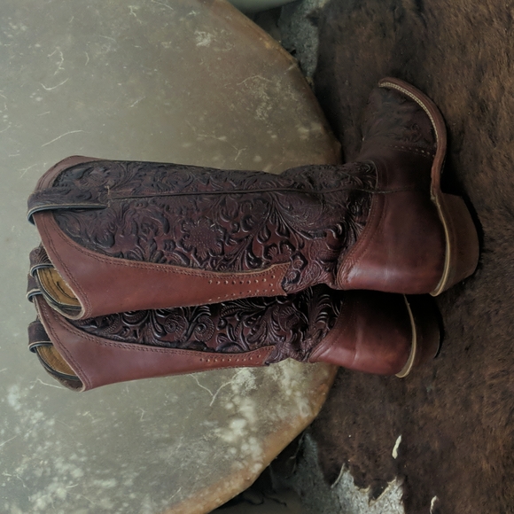BOULET #2069 hand tooled brown leather square toe cowgirl western boots sz 7 EUC - Picture 5 of 16